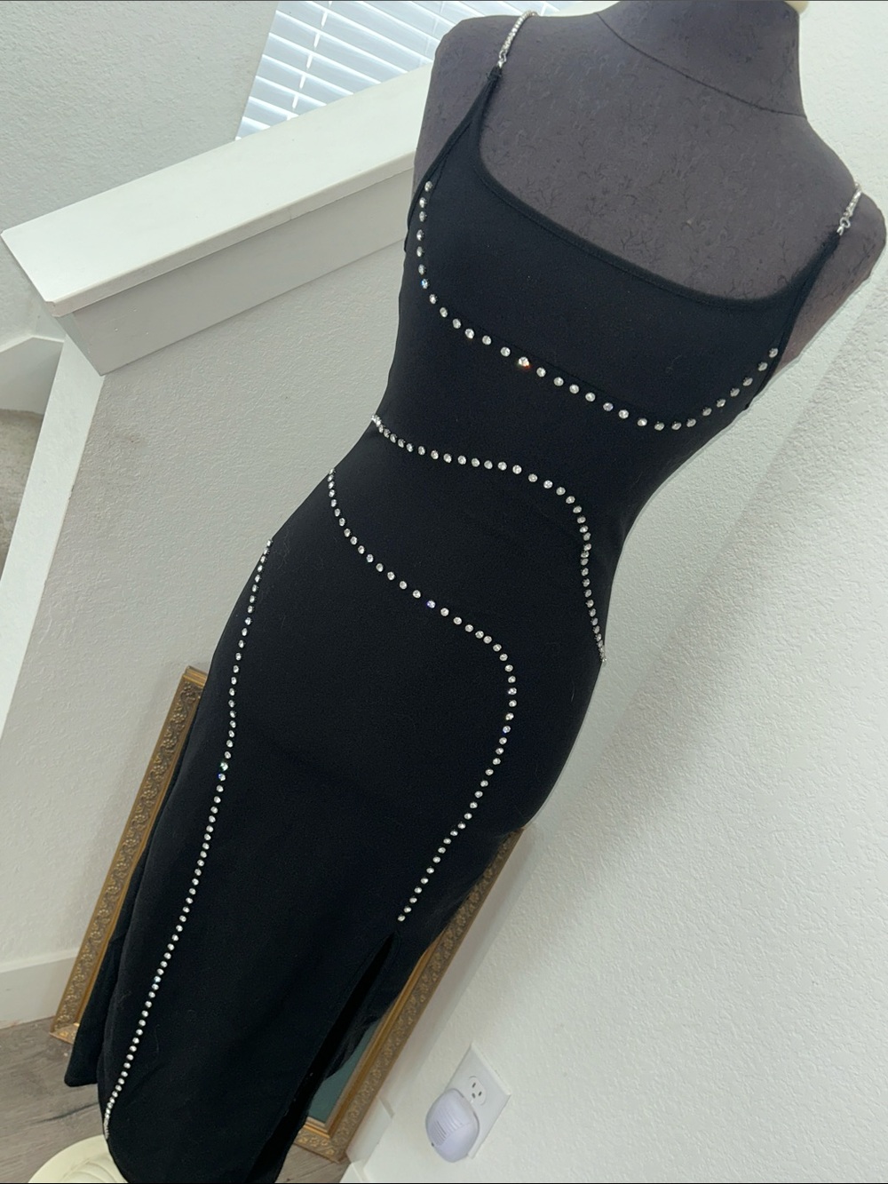 SHEIN Black Rhinestone-Trim Bodycon Midi Dress